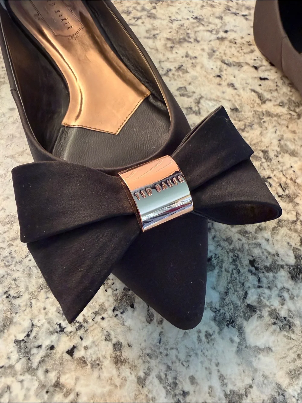 Ted Baker London Black Pointed Ballet Flats with Rose Gold Bow Accent Size 38